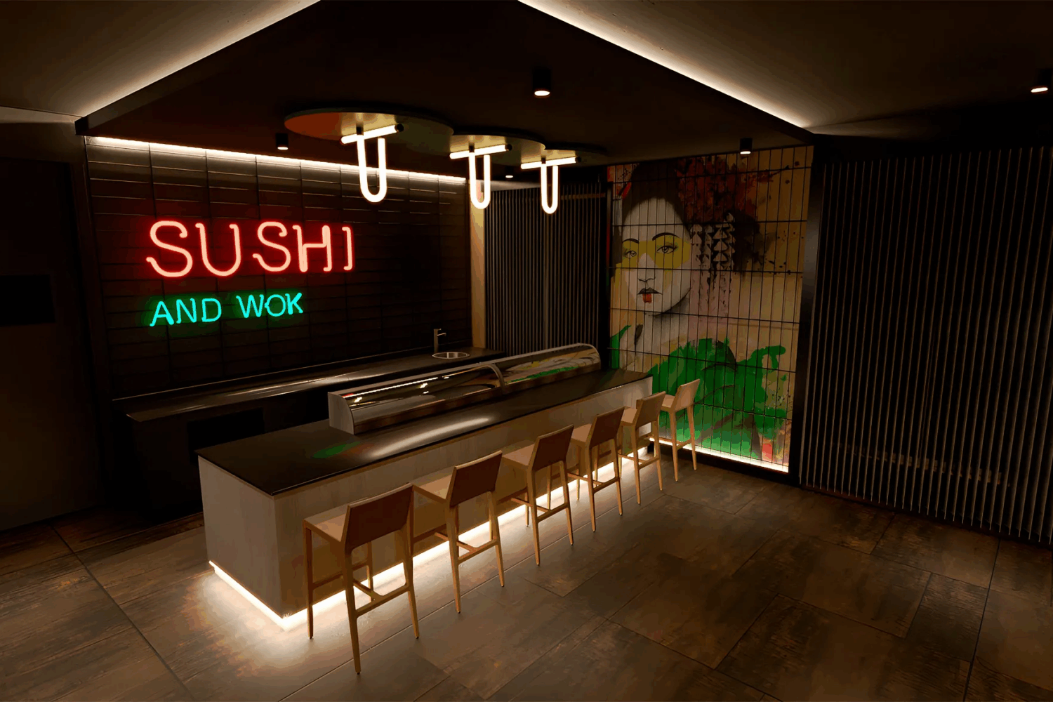 Bar de Sushi con luz tenue